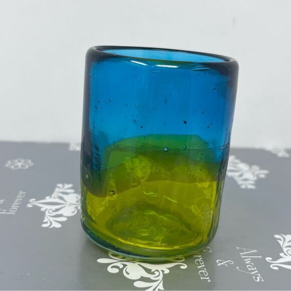 Handblown  Blue and Green Glass Shot Glass or Tea Light Candle Holder - Picture 1 of 6
